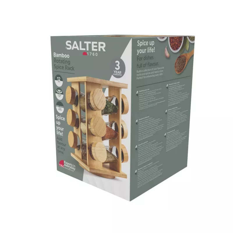 Salter BW14238 porta-especiarias giratório de bambu com 16 frascos de vidro