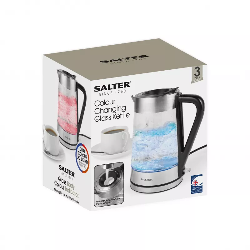 Salter EK5078SSFVDE Chaleira elétrica de vidro com mudança de cor 1,7L 3000W