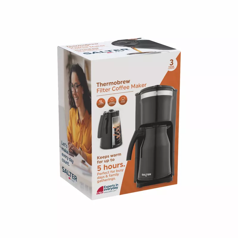 Salter EK6664VDE ThermoBrew máquina de café de filtro, jarro térmico de vidro de 1 L, 800 W, 8 chávenas, filtro reutilizável