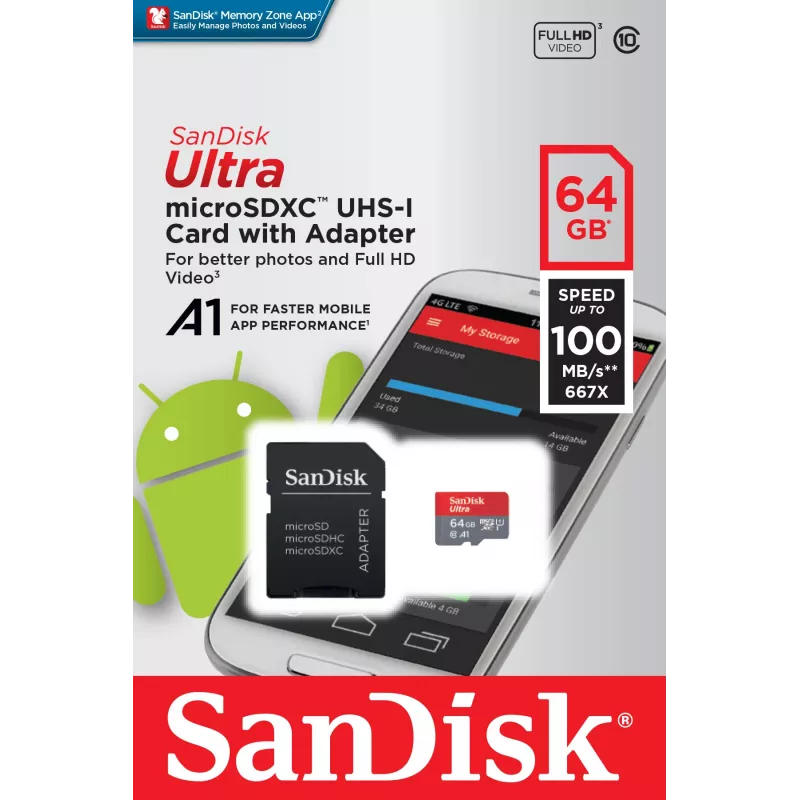 SanDisk Ultra 64GB cartão de memória microSDXC com adaptador SD