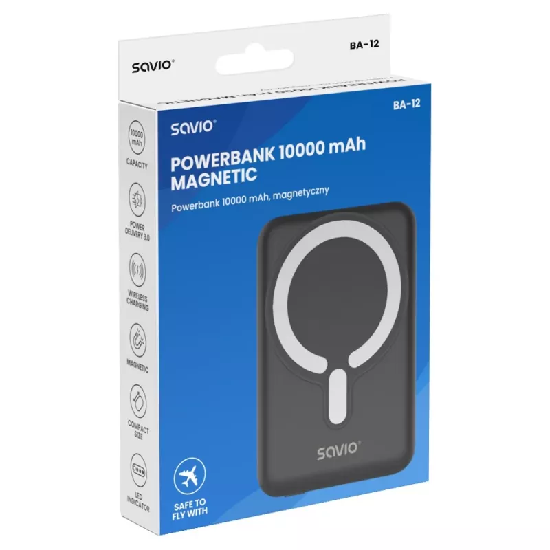 Powerbank sem fios magnética Savio BA-12 10000 mAh preta