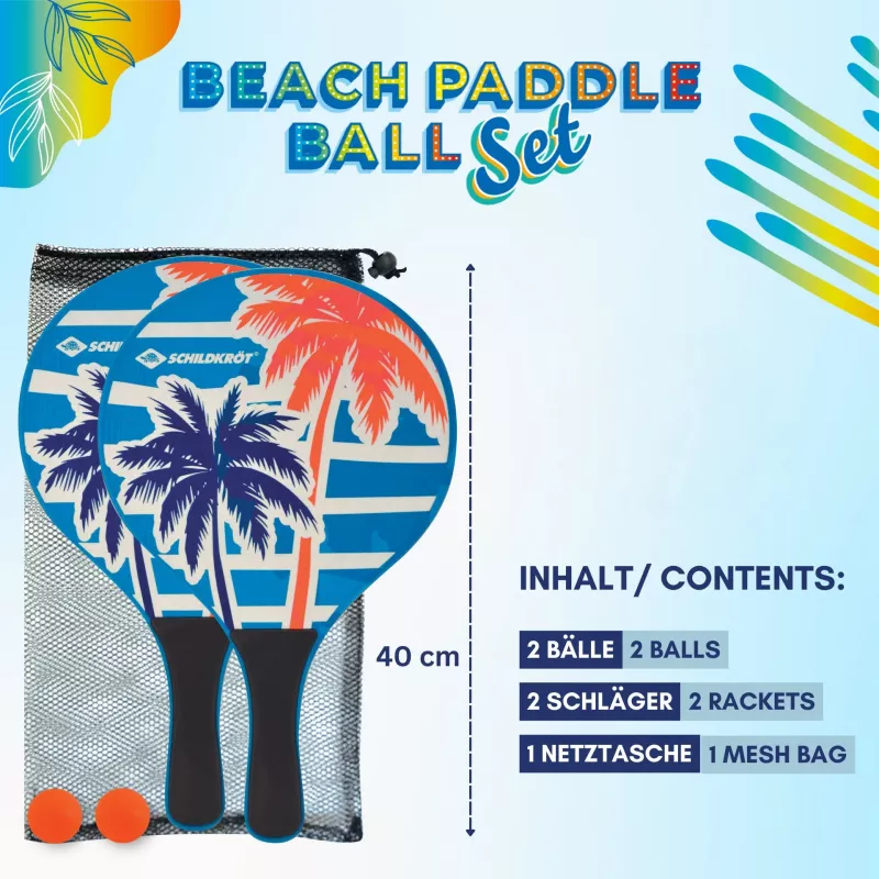 SCHILDKRÖT Conjunto de paddle ball de praia, 4 peças, 2 raquetes de madeira lacada, 2 bolas de borracha, 378 mm 970157