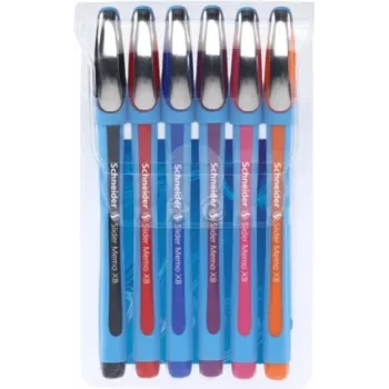 Conjunto de canetas de esferográfica Schneider Slider Memo XB - 6 cores diferentes (preto, azul, vermelho, verde, laranja, violeta) - ponta de aço inoxidável extralarga 1,4 mm - tinta Viscoglide de secagem rápida 150296