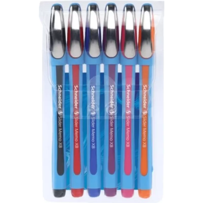 Conjunto de canetas de esferográfica Schneider Slider Memo XB - 6 cores diferentes (preto, azul, vermelho, verde, laranja, violeta) - ponta de aço inoxidável extralarga 1,4 mm - tinta Viscoglide de secagem rápida 150296
