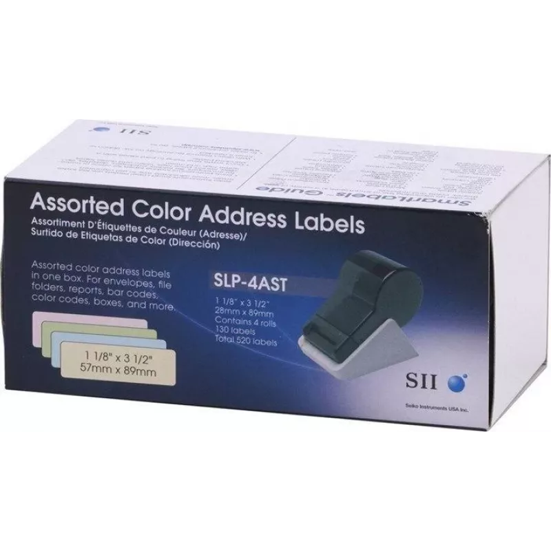 Seiko SLP-4AST etiquetas de endereço em várias cores - 28 x 89 mm, 520 etiquetas (4 rolos de 130) para Smart Label Printer 420/425/430/440/450 16.06.2037