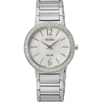 Relógio de mulher SEIKO SUP467P1 quartzo solar 30,5mm aço inoxidável prateado madrepérola diamante
