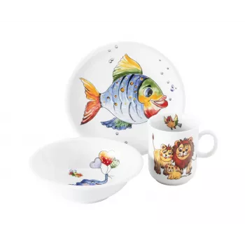Conjunto de louça infantil SELTMANN COLORFUL WILDLIFE de 3 peças em porcelana - prato, tigela, caneca - motivos animais