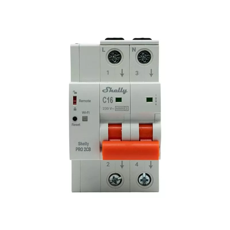 Shelly Pro 2CB C16 disjuntor miniatura inteligente, 2 polos, 16A, característica C, 6kA, WLAN/LAN/Bluetooth, medição de energia, calha DIN