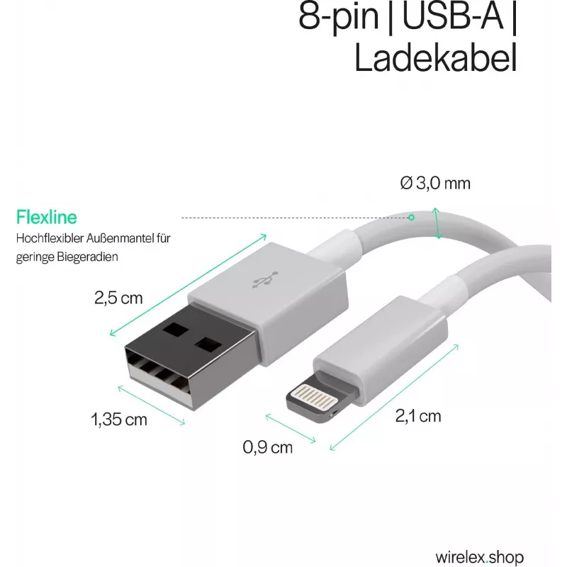 SHIVERPEAKS Flexline Cabo de carregamento e sincronização USB, USB-A para 8-Pin (Lightning), 2.0, ABS, Branco, 1,5m (FL31-12042)