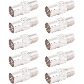 SHIVERPEAKS Adaptador coaxial IEC para tipo F, pack de 10, 75 Ohm, latão niquelado, conector fêmea para conector fêmea BS85324-SET10