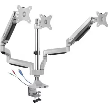 SpeaKa Professional SP-MM-940 Suporte de secretária para três monitores para ecrãs de 13-32 polegadas, ajuste de altura com mola a gás, portas USB 3.0 e áudio integradas, inclinar/rodar/girar, preto SP-10924816