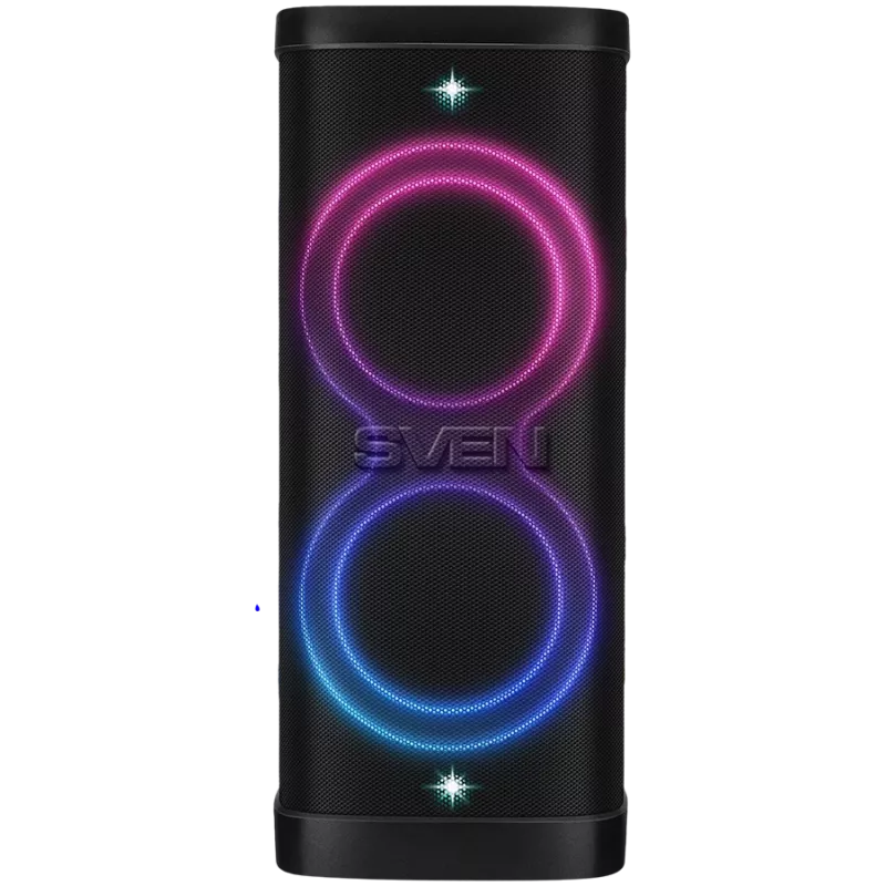 Altifalante Party-Box SVEN PS-1250, preto (300W, TWS, IPx4, Bluetooth, FM, USB, microSD, ecrã LED, 13500mAh)
