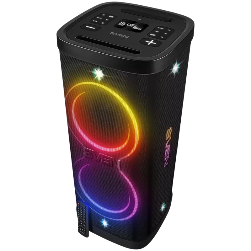 Altifalante Party-Box SVEN PS-1250, preto (300W, TWS, IPx4, Bluetooth, FM, USB, microSD, ecrã LED, 13500mAh)
