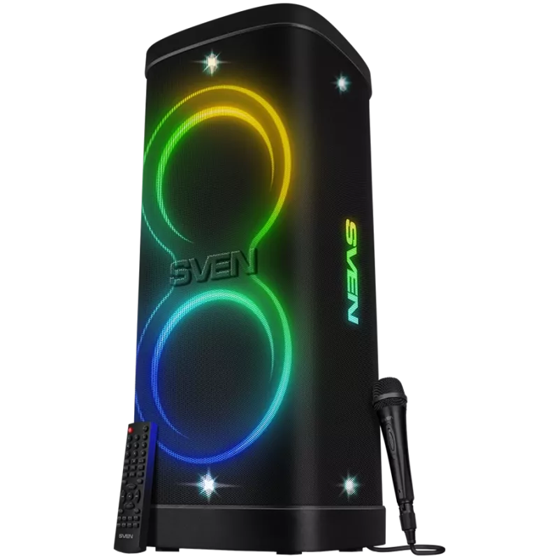 Altifalante Party-Box SVEN PS-1250, preto (300W, TWS, IPx4, Bluetooth, FM, USB, microSD, ecrã LED, 13500mAh)