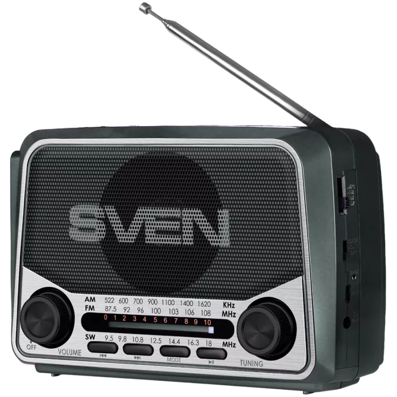 Altifalante SVEN SRP-150, cinzento (3W, Bluetooth, FM/AM/SW, USB, microSD, lanterna, bateria)