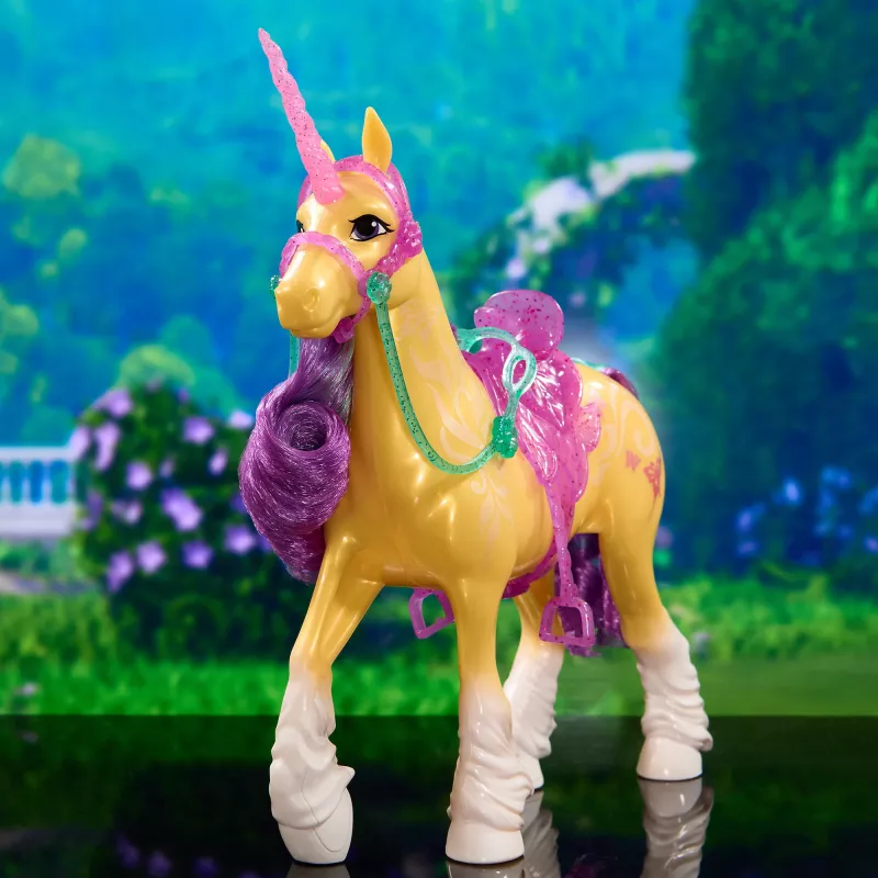 SPINMASTER Unicorn Academy - Unicórnio Leaf (28 cm, com crina e cauda verdadeiras, rédeas, sela e escova removíveis)