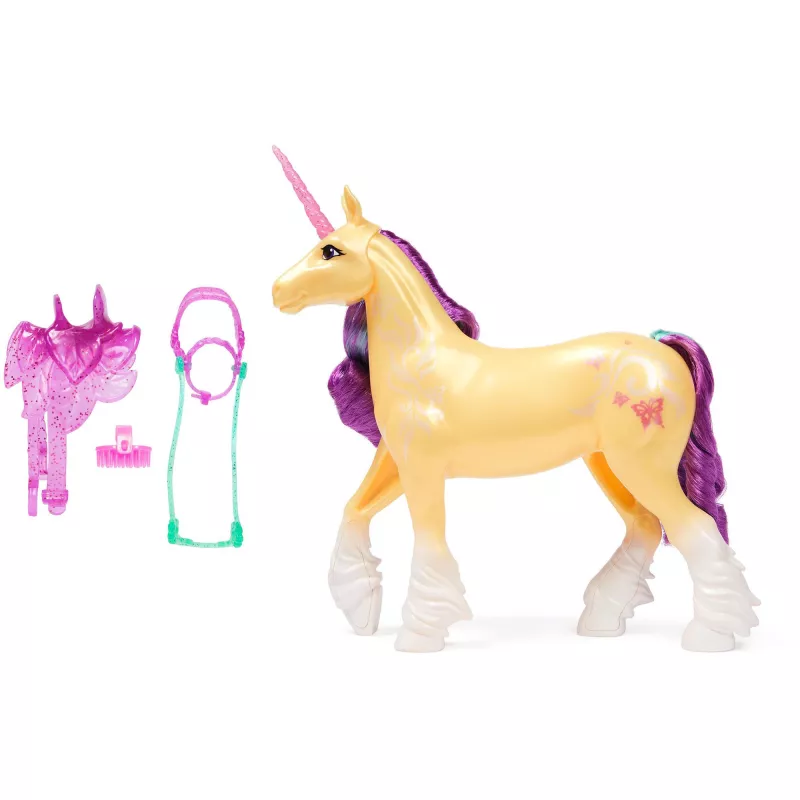 SPINMASTER Unicorn Academy - Unicórnio Leaf (28 cm, com crina e cauda verdadeiras, rédeas, sela e escova removíveis)