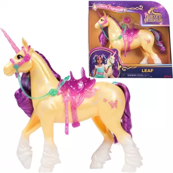 SPINMASTER Unicorn Academy - Unicórnio Leaf (28 cm, com crina e cauda verdadeiras, rédeas, sela e escova removíveis)