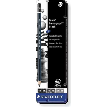 Conjunto de lápis de grafite Staedtler Mars Lumograph 100B G6 – 6 graus de dureza diferentes (8B–B), hexagonal, certificado PEFC