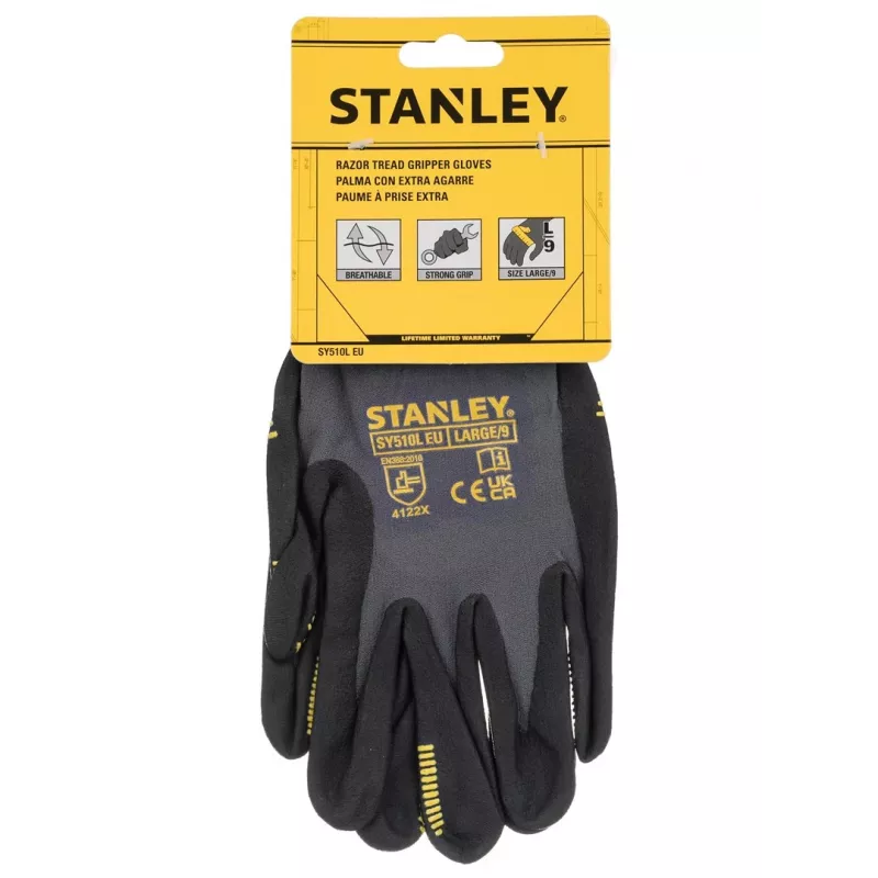 Stanley SY510L-QS luvas de trabalho, tamanho L (9) - palma em pele sintética, costas em spandex, punho em neoprene, certificadas EN 388, preto/amarelo