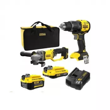 Conjunto duplo STANLEY V20 18V com bateria – aparafusadora de impacto sem escovas SFMCD716 + rebarbadora angular sem escovas SFMCG400, baterias de 2.0Ah e 4.0Ah, carregador, saco macio