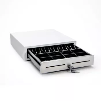 STAR MICRONICS CD4-1616WTSSC48-S2 Gaveta de dinheiro, branco, frente em aço inoxidável, 4 compartimentos para notas/8 para moedas/2 para cheques, abertura frontal, retalho, dimensões (LxAxP): 410x114x415mm, incl. cabo RJ12