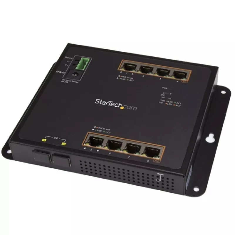 StarTech.com switch industrial gerido Gigabit Ethernet PoE+ de 8 portas com 2 portas SFP - montagem na parede com acesso frontal