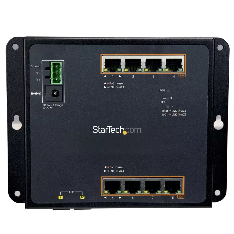 StarTech.com switch industrial gerido Gigabit Ethernet PoE+ de 8 portas com 2 portas SFP - montagem na parede com acesso frontal
