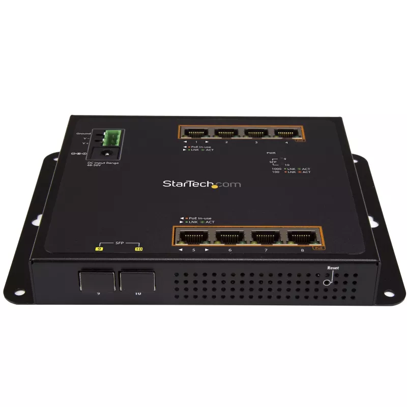 StarTech.com switch industrial gerido Gigabit Ethernet PoE+ de 8 portas com 2 portas SFP - montagem na parede com acesso frontal