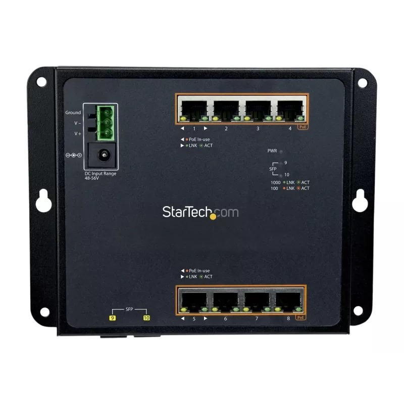 StarTech.com switch industrial gerido Gigabit Ethernet PoE+ de 8 portas com 2 portas SFP - montagem na parede com acesso frontal