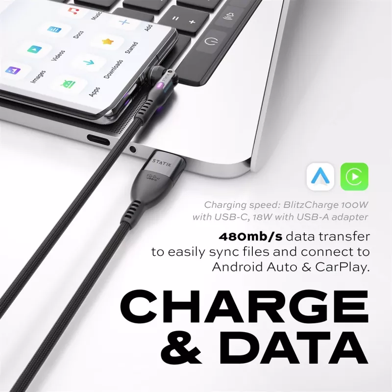 STATIK PowerPivot Pro Cabo de nylon entrançado, USB-C para USB-C, 1m, preto