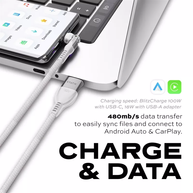 STATIK PowerPivot Pro Cabo Nylon Entrançado, USB-C para USB-C, 3m, Branco