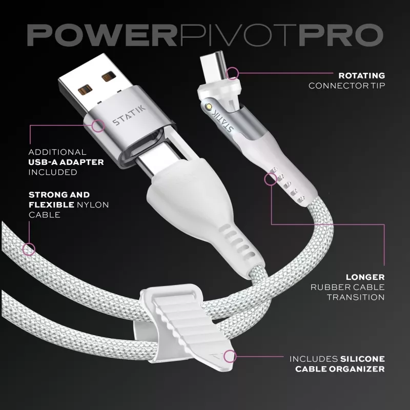STATIK PowerPivot Pro Cabo Nylon Entrançado, USB-C para USB-C, 3m, Branco