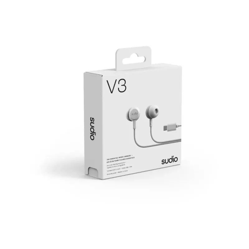 Sudio V3 auriculares true wireless in-ear com estojo de carregamento USB-C, microfones duplos, controlo tátil, resistente a salpicos IPX4, cinzento-branco