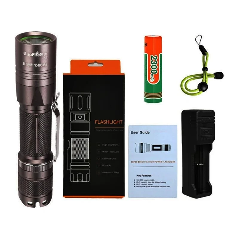 SUPERFIRE Lanterna A6 - 1200 lúmenes LED P50, alcance 280m, recarregável por USB, com zoom, IP44
