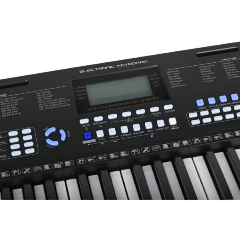 Teclado infantil SUPRIMO EK611 de 61 teclas com ecrã LCD, 200 timbres, 128 ritmos, microfone e suporte de partituras