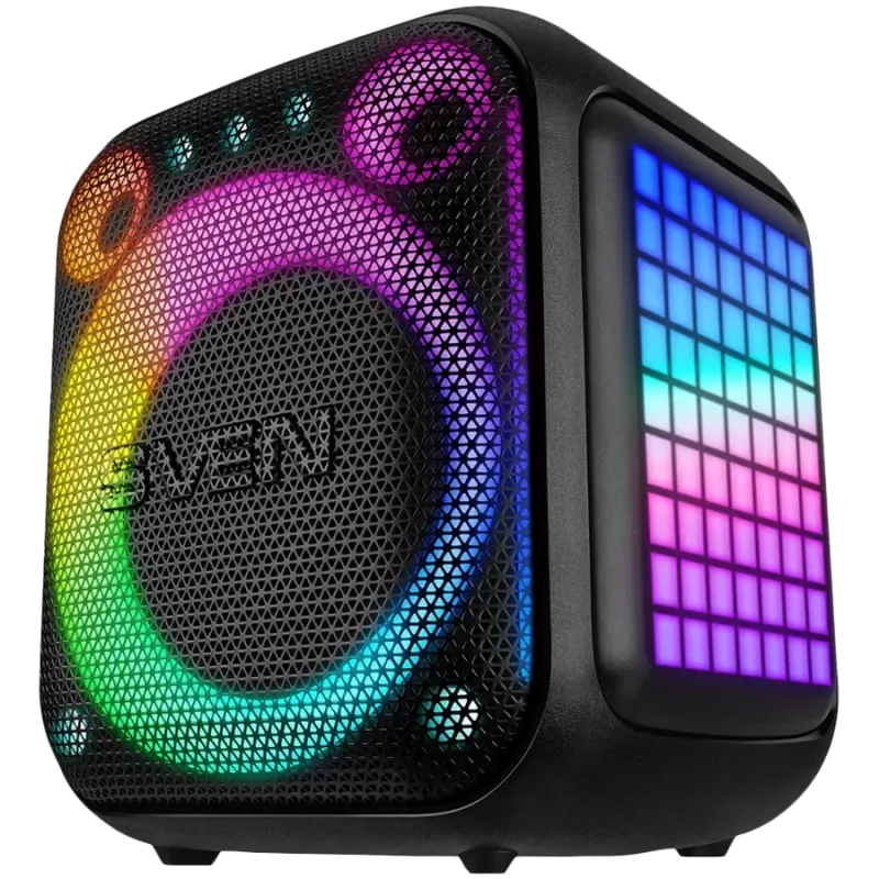 SVEN PS-880 Altifalante Bluetooth portátil, 110W RMS, TWS, FM, USB, microSD, ecrã LED, bateria de lítio, preto