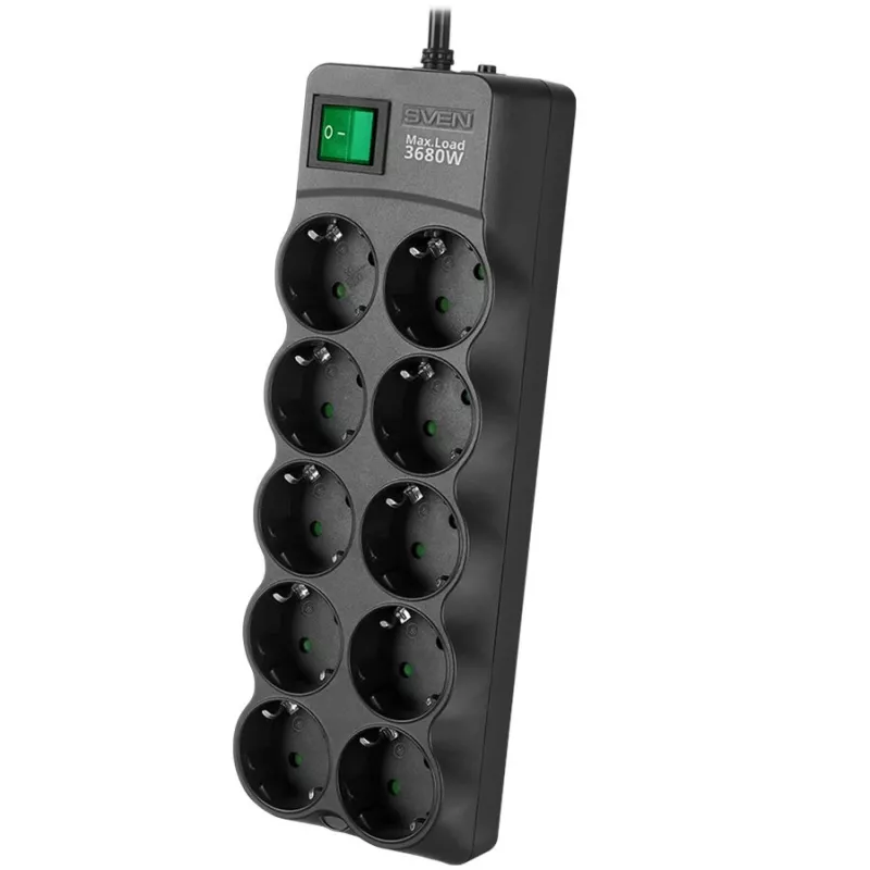 SVEN SF-10E-16 Régua de proteção contra sobretensões, 10 tomadas, 16A, 3,6kW, 1,8m, preto