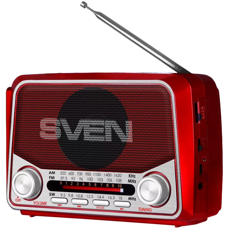SVEN SRP-150 Altifalante portátil, vermelho (3W, Bluetooth, FM/AM/SW, USB, microSD, lanterna, bateria)