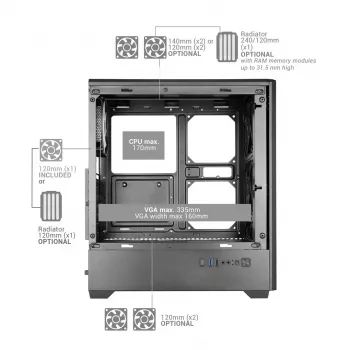 TACENS MARS MC-QUANTUM Caixa Mid-Tower ATX com 3 ventoinhas FDB de 120mm + 1 ventoinha ARGB de 120mm, USB-C, vidro temperado, preto