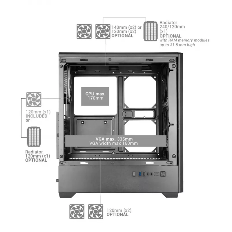 TACENS MARS MC-QUANTUM Caixa Mid-Tower ATX com 3 ventoinhas FDB de 120mm + 1 ventoinha ARGB de 120mm, USB-C, vidro temperado, preto