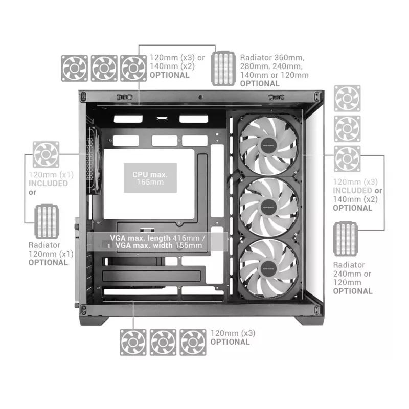 TACENS MARS MC-V5 caixa ATX Mid-Tower 4xARGB USB-C com vidro temperado