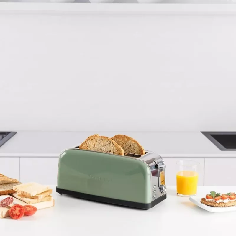 Torradeira Taurus Vintage em Verde-oliva, 1500 W, 2 ranhuras longas, 7 níveis de tostagem, descongelar, aquecer, Aço inoxidável
