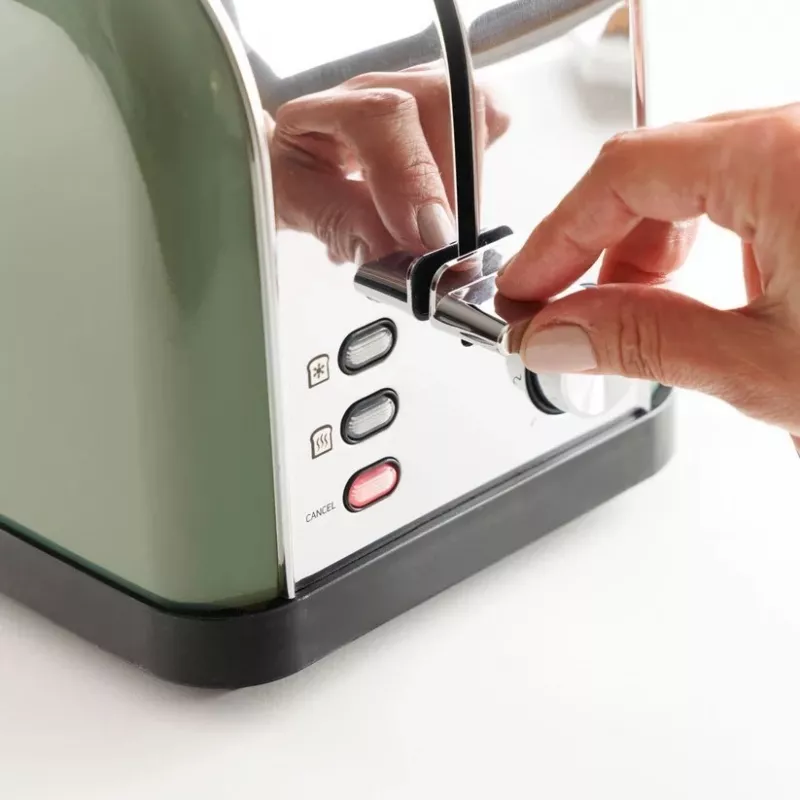 Torradeira Taurus Vintage em Verde-oliva, 1500 W, 2 ranhuras longas, 7 níveis de tostagem, descongelar, aquecer, Aço inoxidável