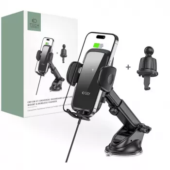 Tech-Protect CM15W-V1 suporte universal de telemóvel para automóvel com carregador Qi de 15W para painel e ventilação - preto