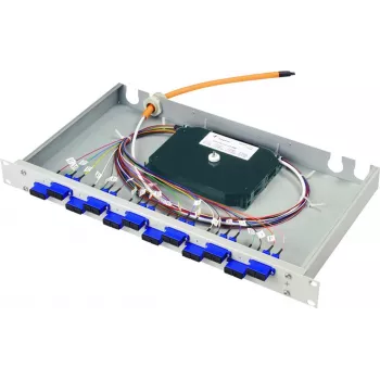 Patch panel de fibra ótica BASIS eco 1U 19 polegadas Telegärtner, 12x acopladores LC duplex, casquilhos de bronze fosforoso, 24x pigtails OM3 50/125µm, 2m, pronto para fusão, caixa de plástico turquesa