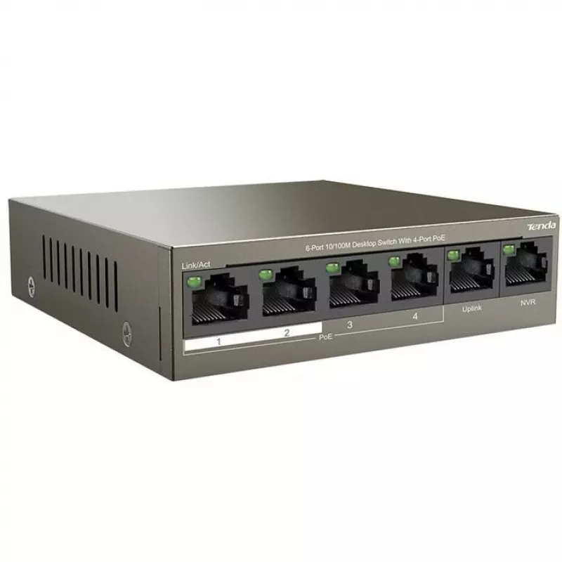 Tenda TEF1106P-4-63W Switch PoE+, 6 portas Fast Ethernet, 4 portas PoE+, orçamento 63W, desktop sem ventoinha