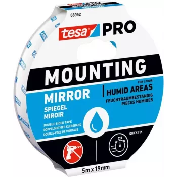 tesa Montage PRO Espelho 66952-00001-00 Fita adesiva de espuma acrílica de dupla face, branco, 5 m x 19 mm, para espelhos e objetos planos, suporta até 10 kg por 10 cm