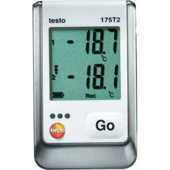 Registador de dados de temperatura TESTO 175 T2, 2 canais NTC, 1 milhão de valores de medição, -35 a +55 °C interno, -40 a +120 °C externo, IP65, interface USB, ecrã LCD 0572 1752