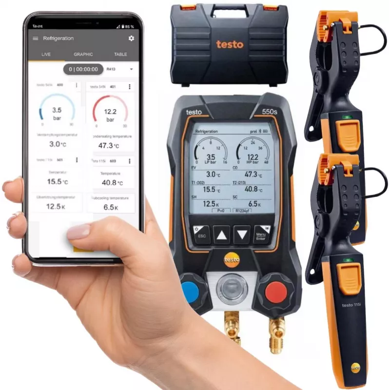 Testo 550s Smart Set conjunto de distribuidor digital com Bluetooth e sensores de pinça 0564 5502